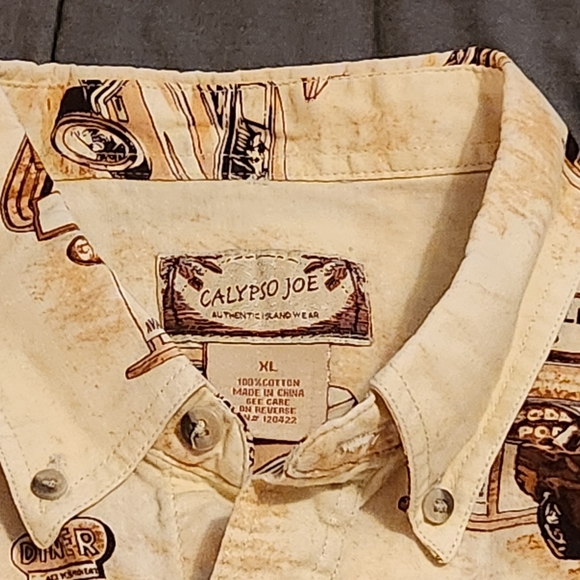 Calypso Joe Shirt Men's XL Tan Button Up Graphic Classic Car Short Sleeve - Picture 4 of 10